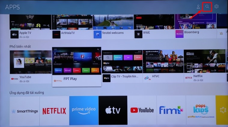 Cách tải và cài đặt ứng dụng trên smart tivi Samsung - Chọn biểu tượng tìm kiếm